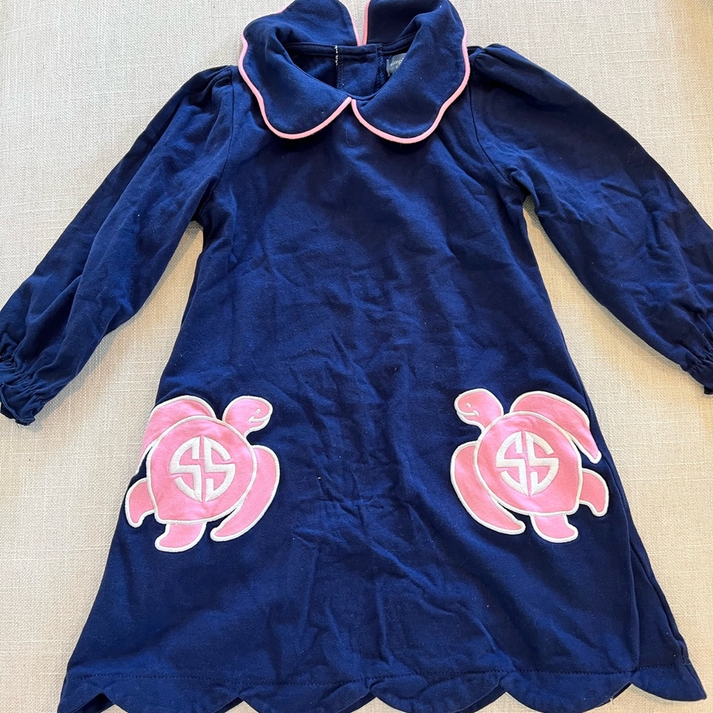 Navy Simply Southern Long Sleeve Dress for Toddlers with Pink Turtles